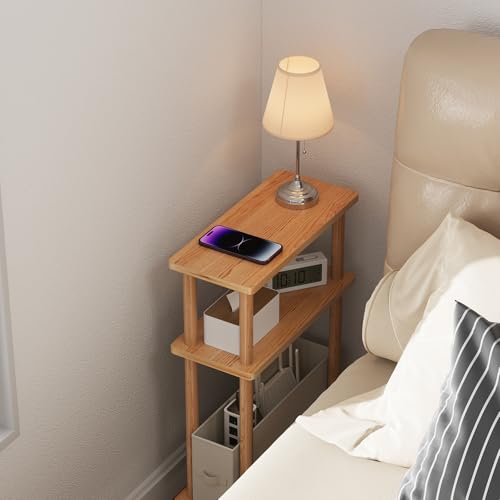 Apicizon Small Narrow Side Table, 3-Tier Skinny End Table for Small Spaces, Slim Nightstand with Fabric Basket, Bedside Table for Living Room, Bedroom, Natural - color: Natural, style: Narrow Side Table with Basket