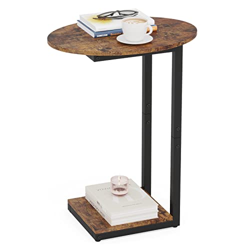 Hosfais Side Table Small End Table, C-Shaped Wood Sofa Table with Metal Frame for Living Room, Bedroom, Small Spaces (Rustic Brown) - color: Rustic Brown, size: Oval
