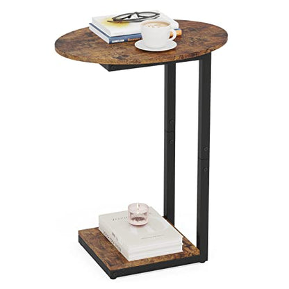 Hosfais Side Table Small End Table, C-Shaped Wood Sofa Table with Metal Frame for Living Room, Bedroom, Small Spaces (Rustic Brown) - color: Rustic Brown, size: Oval