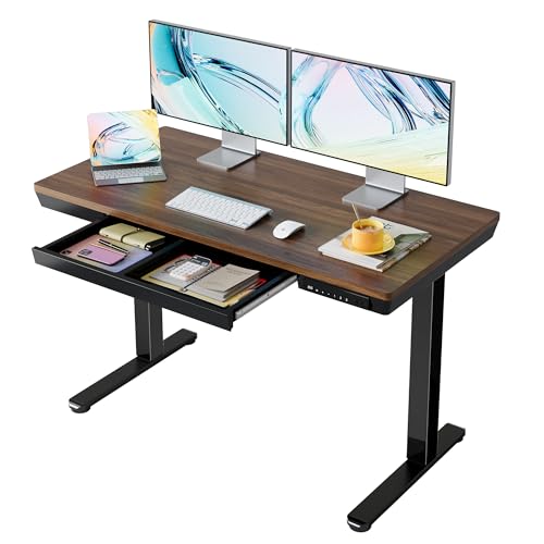 HUANUO Electric Standing Desk with Drawers, 48 X 24 Inch Electric Adjustable Height Desk, Quick Install One-Piece Tabletop with USB Charging Ports, Sit to Stand Up Desk for Home Office, Black Walnut - color: Black Walnut, size: 48*24 Inch