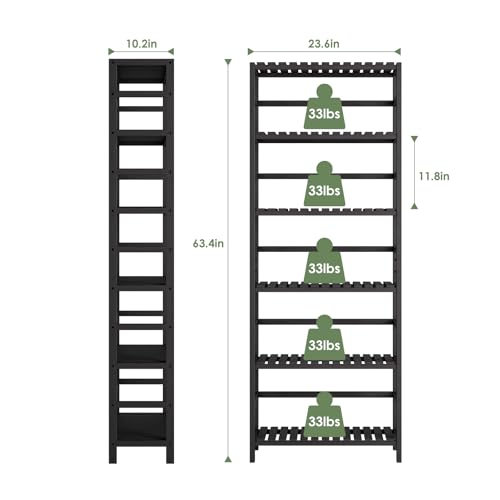 Bamjoy Bamboo Shelf, 6-Tier Bookshelf Adjustable Storage Shelves, Tall Shelving Unit Plant Stand, Storage Rack for Bathroom Home Office Living Room Kitchen, 23.6W x 10.2D x 63.4H Black - color: Black