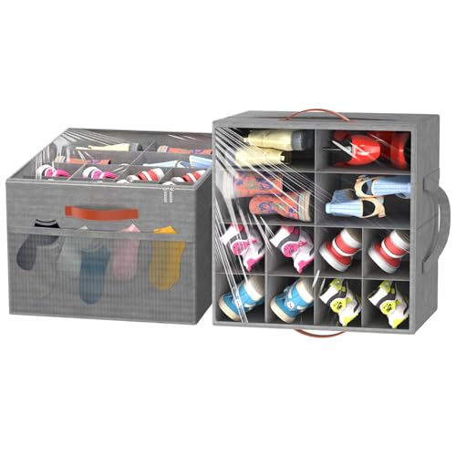 Aokeyee 2 Pack Shoe Organizer for Closet, Stackable Shoe Storage Box, Grey | Fits up to 32 Pairs, Space Saving, Foldable, Shoes Organizer Bin with Clear Cover, 4 Reinforced Handles - color: Grey, size: Fits up to 32 Pairs