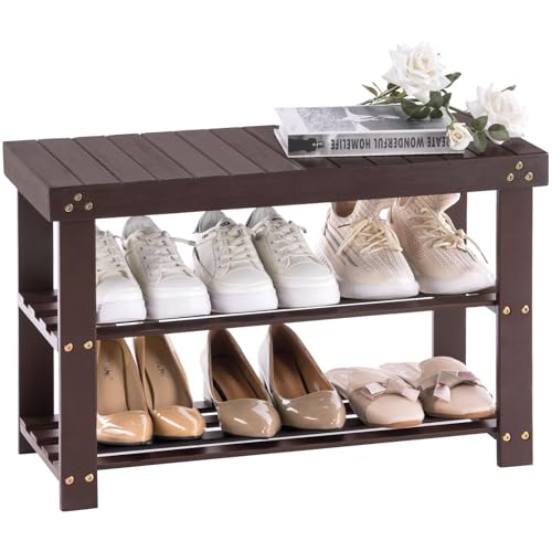 Apicizon Bamboo Shoe Rack for Entryway, 3-Tier Shoe Rack Bench for Front Indoor Entrance, Small Shoe Organizer with Storage, Dark Brown - color: Dark Brown, size: 27.6 Inches No Cushion