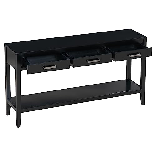 Merax Entryway Console Table with Storage, 3 Drawers Design/Wood Frame/Behind Couch & Sofa, Black - color: Black
