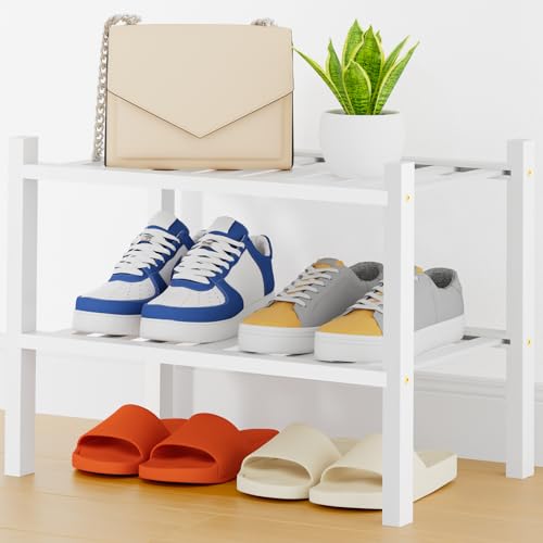 Smiry Bamboo Shoe Rack, 14 Vertical Slats, 2 Tier - 17.3" Wide, White | Stackable Free Standing Wooden Shoe Organizer, Wood Shoe Storage Shelf for Closet, Entryway, Thicher Leg - color: White, size: 17.32" Wide - 2 Tier - Thicker