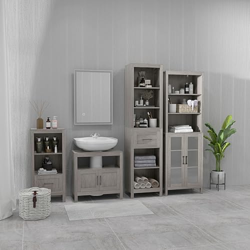 kleankin Pedestal Sink Storage Cabinet with 2 Doors and Open Shelf, Gray | Bathroom Under Sink Cabinet, Bathroom Vanity - color: Grey