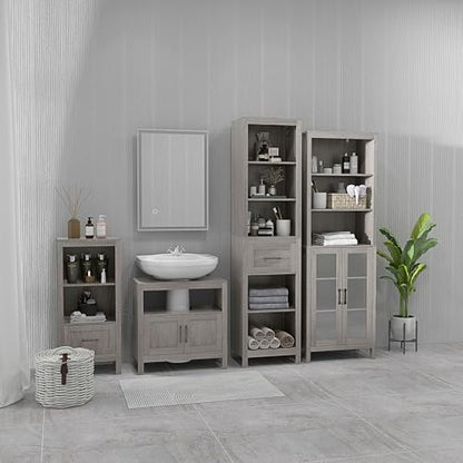 kleankin Pedestal Sink Storage Cabinet with 2 Doors and Open Shelf, Gray | Bathroom Under Sink Cabinet, Bathroom Vanity - color: Grey
