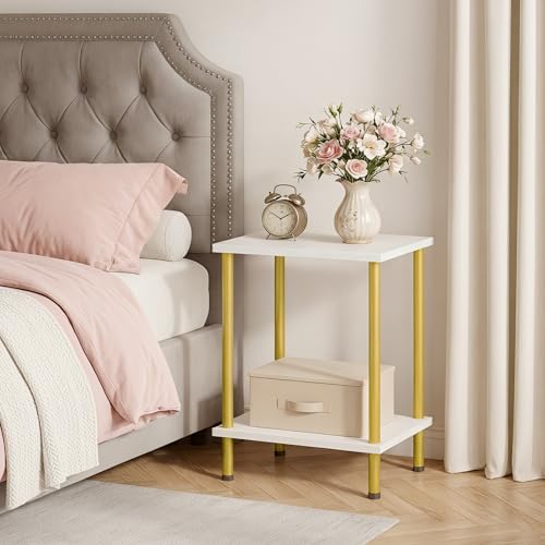 HOOBRO End Tables Set of 2, Small Side Table, Nightstand with 2-Layer Storage Shelves, Sofa Table for Small Spaces, Living Room, Bedroom, Stable Frame, Easy Assembly, White and Gold DW09BZP201 - color: White + Gold
