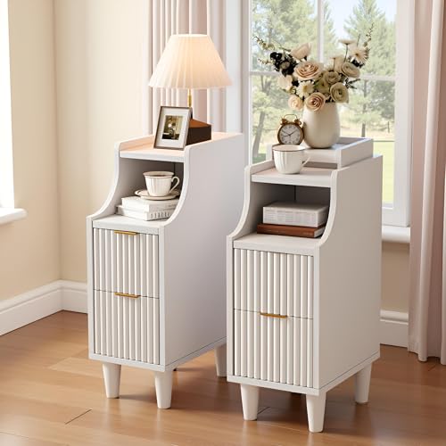 7.9" Narrow Fluted Nightstand Set of 2,Slim Side End Table with 2 Drawers,Black Modern Bedside Table,Skinny Night Stand for Small/Compact Space, Motorhome (White) - color: White