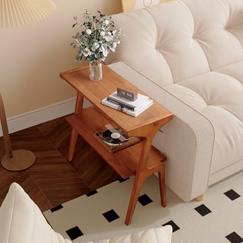 Solid Wood End Table, 2-Tier Side Table with Storage Shelf, Wooden Modern Accent Slim Bedside Table for Sofa, Living Room, Bedroom, Small Space, Easy Assembly, Cherry - color: Cherry