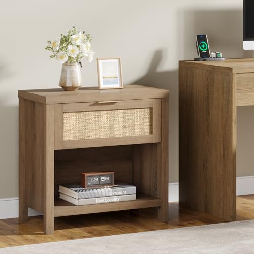 Eclatara Rattan Night Stands Set of 2, Boho Bedside Table with Drawer and Storage Shelf, Farmhouse Accent Nightstands Side Table for Bedroom Sofa Office (2, Reclaimed Caramel Oak) - color: Caramel Oak (Large 1 Drawer)