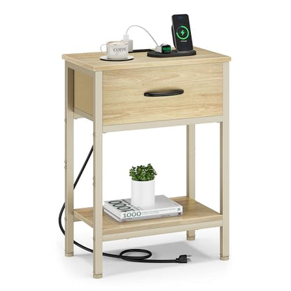 Vagusicc Nightstand with Charging Station, End Table with Fabric Drawer, Small Side Table with 2-Tier Storage Shelves, 25.4" Tall Night Stand, Bedside Table for Bedroom, Living Room, Dorm, Natural - color: Natural (1 Pack)
