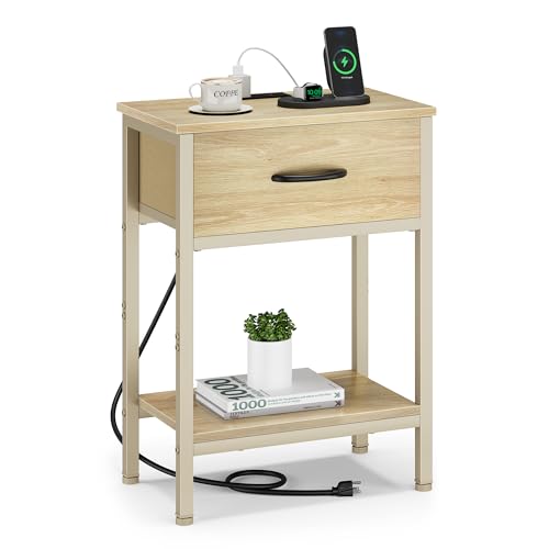 Vagusicc Nightstand with Charging Station, End Table with Fabric Drawer, Small Side Table with 2-Tier Storage Shelves, 25.4" Tall Night Stand, Bedside Table for Bedroom, Living Room, Dorm, Natural - color: Natural (1 Pack)