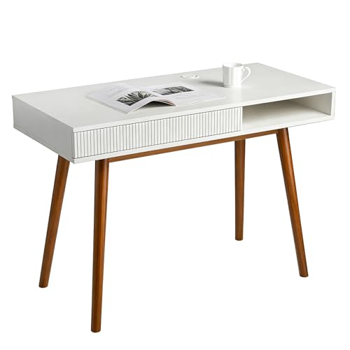 Artswish White Wood Desk with Drawer, 42" Mid Century Modern Writing Desk | Soild Wood Legs, Reinforced Structure, Drawer & Open Cubby Storage, Built-in Cable Management Hole for a Clean Workspace - color: White & Walnut