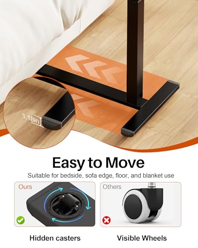 Overbed Table with Wheels, Pneumatic Lift, Foldable Top (Black) | 0-70° Tilt Desktop Bedside Table, Hidden Casters,1.18 In Low-Profile Base Slides Under Beds and Sofas, Holds 88 Lbs - color: Black