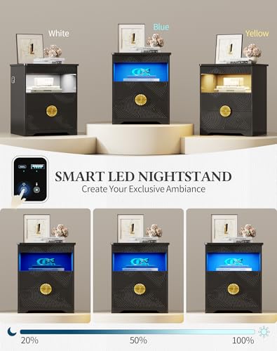 LED Nightstand with Gun Drawer, Modern Bedside Table with 3-Color Lights & Human Sensor, Smart Night Stand with Charger Station, 2 Drawers End Table for Bedroom, Black - color: New-modern Black