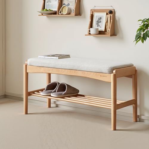 Oak Wood Shoe Bench, 32 Inch Entryway Bench with Light Gray Cushion | Wider oak bench with visible grain and soft cushion provides comfortable seating with natural modern style. - color: Natural + Light Gray Cushion, size: 31.49"