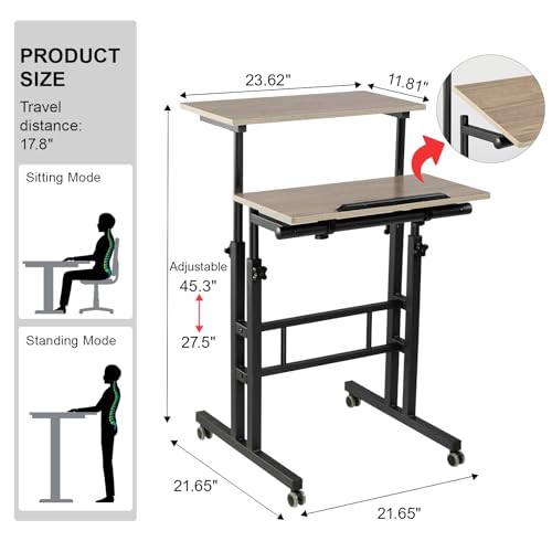Hadulcet Mobile Standing Desk Adjustable Height with Charging Station | Standing Computer Desk, Standing Adjustable Laptop Cart with Wheels for Home Office Classroom Light Grey - color: Light Grey, size: 23.6" With Charging Station