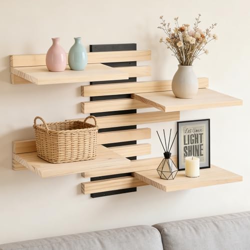 4-Tier Adjustable Wooden Floating Shelf Space-Saving Wall Mounted Shelf with Multiple Customizable Layouts Display Rack for Figurines Doll Small Plant Statue Wall Organizer for Living Room Bedroom