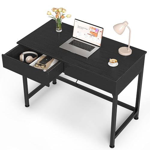 Mexin Small Black Desk with 2 Wooden Drawers, 40 Inch Home Office Writing Desk, Black Vanity Desk with Storage, Computer Desk for Bedroom Small Spaces, Table for Office, Work, Kids Study, Makeup - color: Black