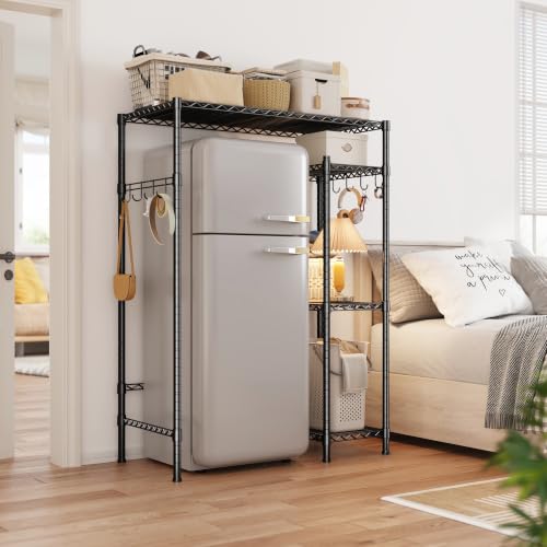 REIBII Mini Fridge Stand with Storage, 4-Tier Adjustable Shelves, 380 lbs | With 8 Hooks, Fits Mini Fridge & Kitchen Appliances, Heavy Duty Steel Frame, Easy Tool-Free Assembly, Dorm & Pantry - size: 52.2"H×38.12"W×18.2"D