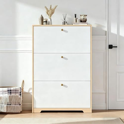Nicetree Shoe Cabinet with 3 Flip Drawers，Freestanding Shoe Storage Cabinet, Narrow Shoe Organizer Cabinet, Farmhouse Slim Shoe Rack Cabinet for Entryway, Natural Oak and White with Hook - color: Natural Oak and White, style: 3-Drawers with Hook