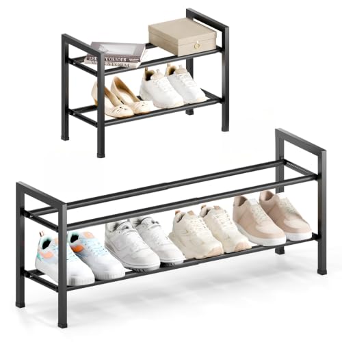 Bumusty 2 Tier Expandable Shoe Rack for Closet, Black | 18"-33" Adjustable Shoe Rack for Entryway, Small Shoe Organizer for Dorm, Front Door, Sturdy Metal - color: Black, size: 2-tier