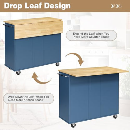 Shintenchi Kitchen Island with Folding Drop Leaf, Rolling Island Table with Storage, Kitchen Cabinet on Wheels with Seating Area for Kitchen, Bar Cart with Cabinet, Blue - color: Blue