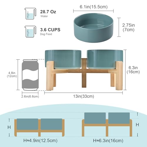 SPUNKYJUNKY Elevated Dog Bowls Ceramic, 6.1'' Dogs and Cat Food Water Bowls Raised with Non-Slip Bamboo Stand for Medium Sized Breed Microwave Dishwasher Safe - 28.7 OZ,Dark Green - color: Dark Green, size: 6.1 in - 3.6 cups