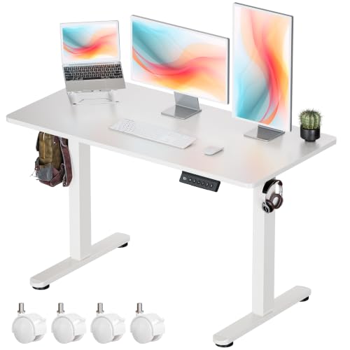 Okin Standing Desk Electric Adjustable Computer Whole Piece Stand up Desk with Wheels Office Gaming Home Office Memory Desks 48x24 inches White - color: White+casters, size: 48 Inch