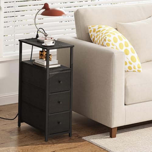 TUTOTAK Narrow Night Stand with Charging Station, Slim End Table | Tall Side Table with 3 Fabric Drawer, Small Bedside Table with Storage, Living Room, Bedroom, Black TB01BK086 - color: Black, size: 1 Pack (3 Drawers), style: With Plug