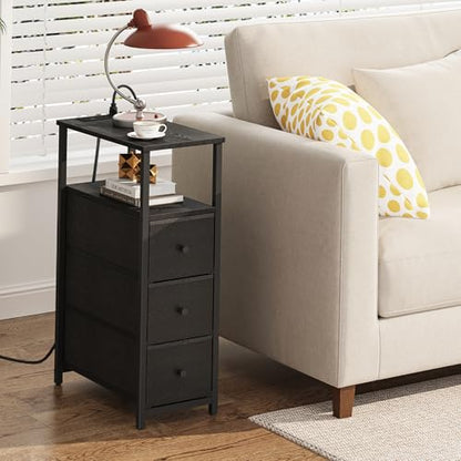 TUTOTAK Narrow Night Stand with Charging Station, Slim End Table | Tall Side Table with 3 Fabric Drawer, Small Bedside Table with Storage, Living Room, Bedroom, Black TB01BK086 - color: Black, size: 1 Pack (3 Drawers), style: With Plug