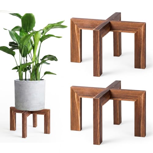 Leaf&lull Wood Plant Stand Indoor Boho Rustic Short Plant Stool Small Planter Holder Base for Multiple Plants Heavy Duty Wooden Floor Pot Riser Walnut 2 Pack - size: 2 Pcs