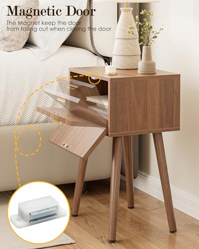 Night Stand Set 2, Walnut Nightstand with Fluted Doors, Small Modern Mid-Century Bedside Table for Bedroom, End Table for Living Room - color: Walnut