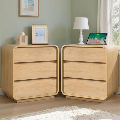 Standifurno 3 Drawers Nightstand with Charging Station, Modern Wood 25" Tall Curved Night Stand, Large End Table Bedside Table for Bedroom, Office, Sofa, Natural - color: Natural, size: 3 Drawers (1PC)