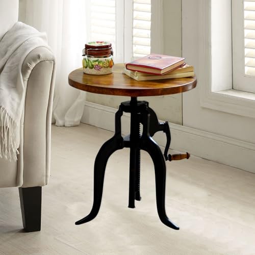 Carolina Chair & Table Adjustable Hand Crank 18" Wooden Top Rustic Side Table - Cast Iron Base Round Accent Table for Farmhouse, Living Room, or Bedroom (Chestnut/Black) - color: Chestnut/Black