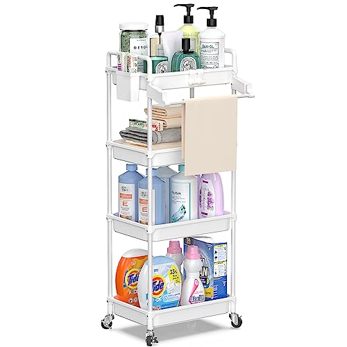 SPACEKEEPER Rolling Storage Cart, 4-Tier Bathroom Organizer Utility Cart Laundry Room Organization Mobile Shelving Unit with Towel Rack, Lockable Wheel, Hooks & Cup for Kitchen Bedroom Office, White - color: White, size: 4-Tier