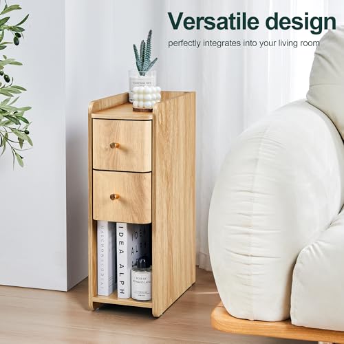 Narrow Nightstand Set of 2, Wooden Small 2 Drawer Nightstand, Slim Side End Table, Skinny Bedside Table, Mid Century Modern Night Stand with Drawers, for Living Room (Natural 2-2 pcs) - color: Natural 2-2 Pcs