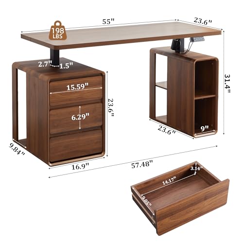 Electric Standing Desk with Drawers, 55" Office Desk Height Adjustable Executive Desk with Storage Shelves, Simple Setup Wood Desk Home Office Stand up Desk for Work, Study, Writing, Walnut - color: Walnut