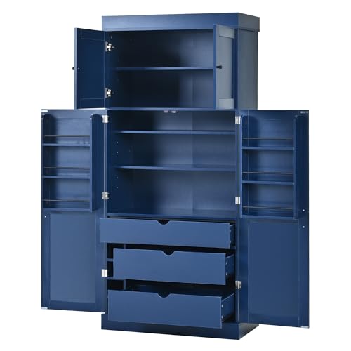 Polibi 77" Tall Freestanding Kitchen Pantry Cabinet, 35" L x 17.7" W Modern Shaker Style Storage Cupboard with Adjustable Shelves, Wine Racks, Drawers, Door Shelves, Blue - color: Blue