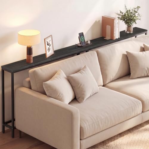 VASAGLE 78.8" Console Table, Narrow Behind Couch Table with Outlet | Sofa Table with 2 Hooks, for Entryway, Living Room, Easy Assembly, Charcoal Gray and Ink Black, BARNET Collection ULNT077B201 - color: Charcoal Gray + Ink Black, size: 1 Tier (5.9"D x 78