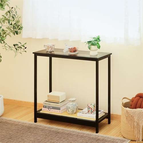 Bamboo Narrow Console Table, 31.5"(L) Wood Small Entryway Table with Rattan and Glass, Accent Slim Hallway Tables, Thin Sofa Side Tables for Hallway, Living Room, Bedroom, Foyer, Black - color: Black 31.5"(l)