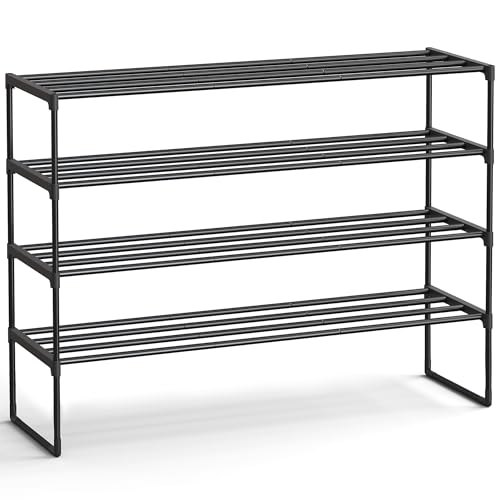 SONGMICS Shoe Rack, 4-Tier Shoe Organizer, Metal Storage Shelf, Upright or Upside Down, for 25-30 Pairs, Stackable, for Entryway, 11.8 x 46.1 x 28.4 Inches, Black ULSA034B01 - color: Black, size: 4 Tiers (46.1"W)