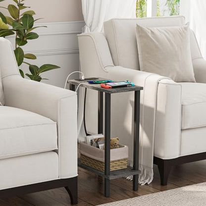 TUTOTAK Small End Table with Charging Station, Narrow Side Table with USB Ports and Outlets, Skinny Sofa Table, Slim Nightstand, Living Room, Bed Room, Charcoal Grey TB01BY060 - color: Charcoal Grey, size: 2-tier