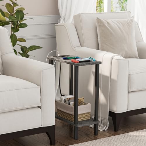 TUTOTAK Narrow Side Table Set of 2, Small End Table with Charging Station | 2-Tier Skinny Sofa Table, Slim Nightstand, Easy Assembly for Living Room, Bedroom, Grey TB01BY0602 - color: Charcoal Grey, size: 2-tier