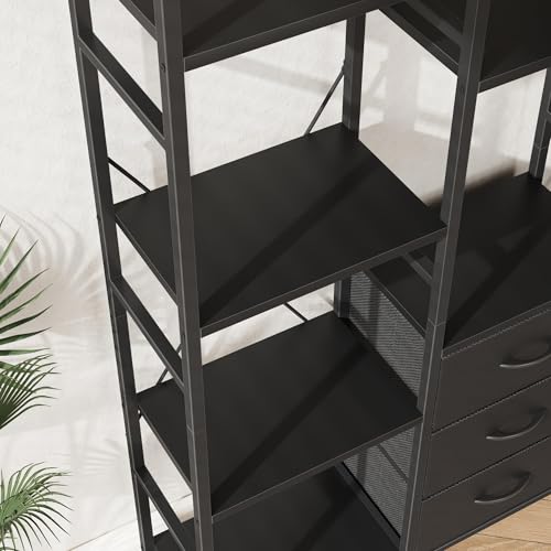 AFLUI Triple Bookshelf with 3 Fabric Drawers, 4-Tier Book Shelf and 10 Display Shelves, Industrial Large Bookcase for Home & Office, Black, 47'' Wide - color: Black, size: 4 Tier(47" W)