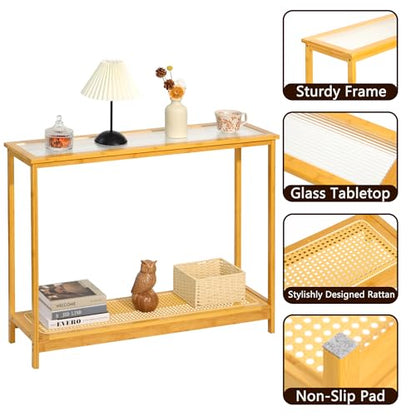 Bamboo Narrow Console Table, 39.4"(L) Wood Small Entryway Table with Rattan and Glass, Accent Slim Hallway Tables, Thin Sofa Side Tables for Hallway, Living Room, Foyer, Burlywood - color: Burlywood 39.4"(l)