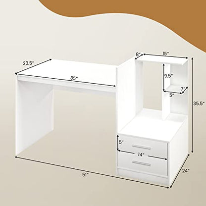 Tangkula White Desk with 2 Storage Drawers & Bookshelf, Home Office Desk with Corner Bookshelf & Printer Stand, Small Writing Study Desk for Small Space, Modern Vanity Table for Bedroom (White)