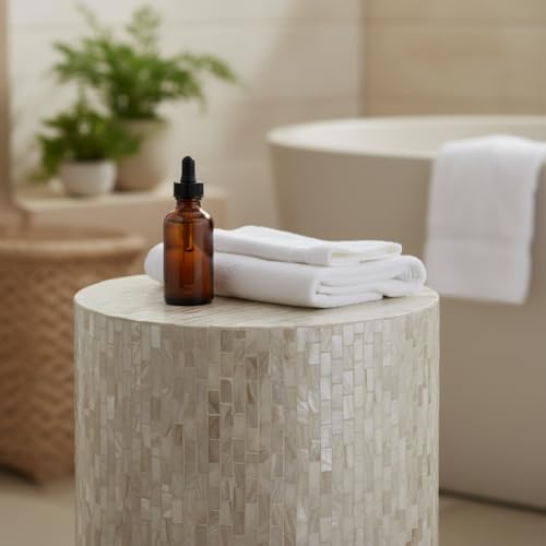 PEMAR Mother of Pearl Cylinder Drum End Table Nacre Side Stool Round Accent Table Coffee Bedside Nightstand and Vanity Stool 13" Diameter x 19.3" High Pearl White & Cream - color: Pearl White