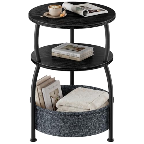 Round Side Table with Storage Basket, End Table Living Room, Black | Round End Table Small Spaces, Bedside Table for Bedroom, 3 Tiers, Sofa Couch Side Table, Greige 15.75 x 24in - color: Classic Black, size: 15.75" Dia